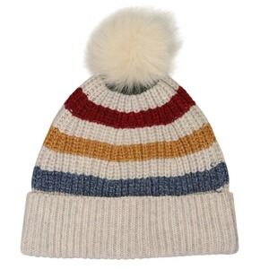 Hudson's Bay Lambswool Striped Knit Beanie‎ with Fox Fur Pom Ivory Multicolor